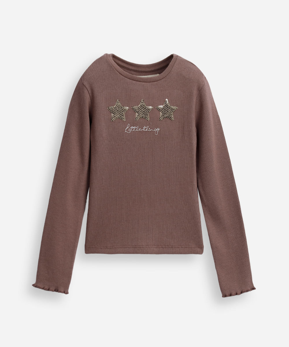 blusa de algodão infantil estrelinha com paetê marrom