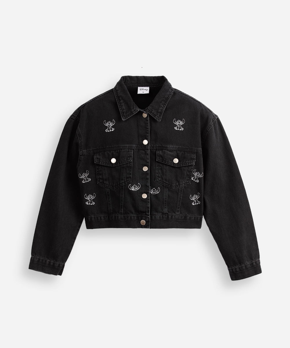 jaqueta shacket juvenil jeans stitch preta