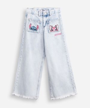 calça wide leg infantil jeans barra desfiada stitch e angel azul