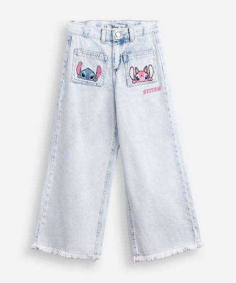 calça wide leg infantil jeans barra desfiada stitch e angel azul