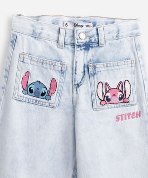 calça wide leg infantil jeans barra desfiada stitch e angel azul