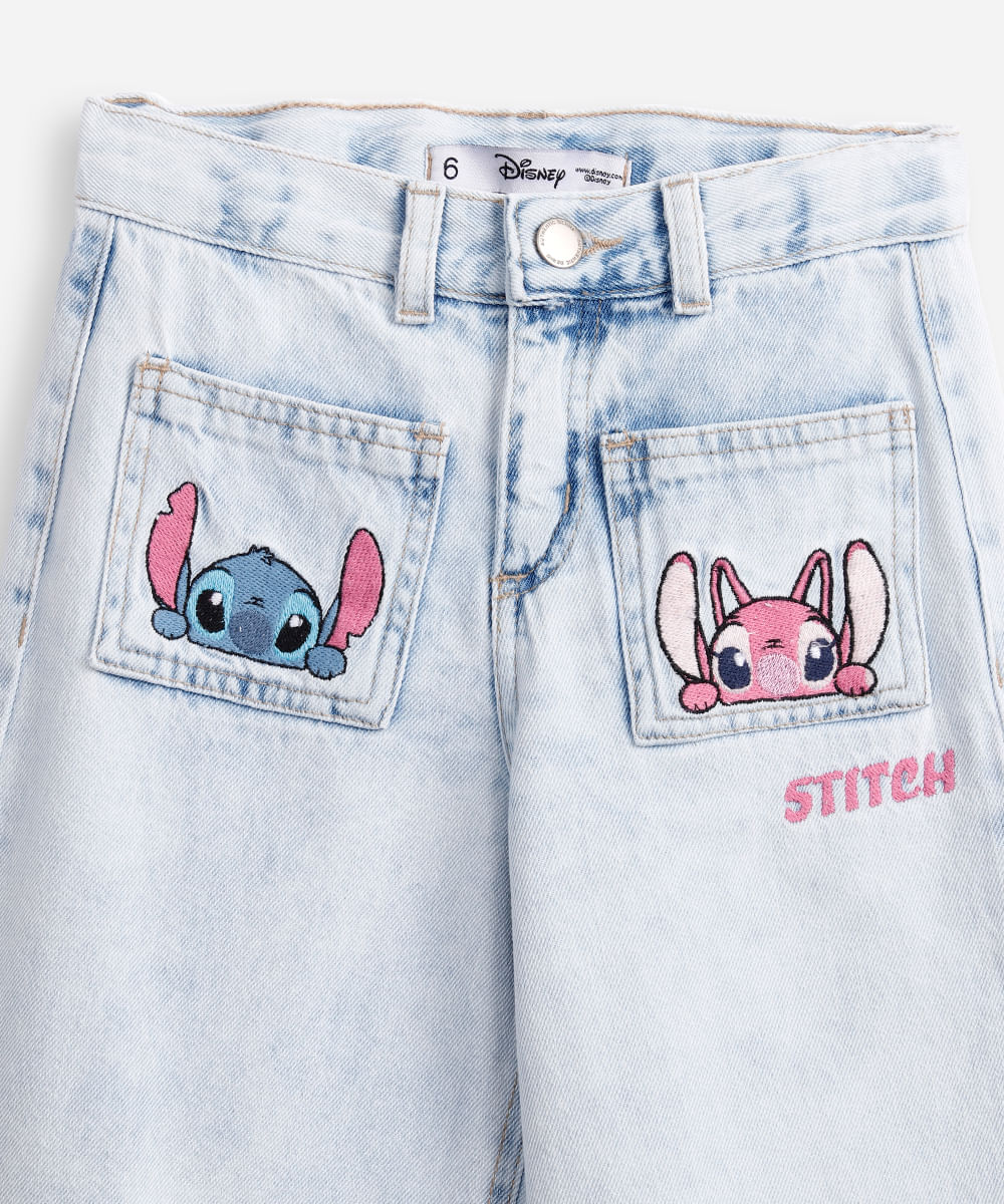 calça wide leg infantil jeans barra desfiada stitch e angel azul