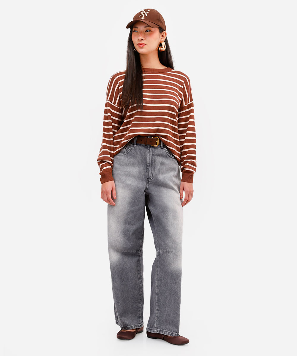 calça feminina jeans cintura média com pregas cinza