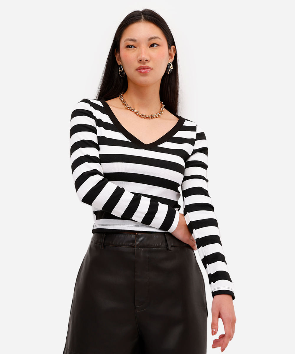 blusa manga longa listrada com decote v off white