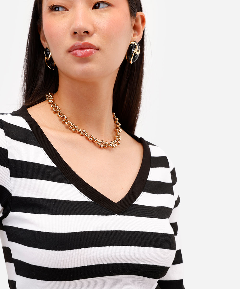 blusa manga longa listrada com decote v off white