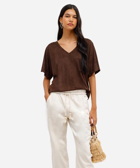 blusa feminina de suede decote v marrom