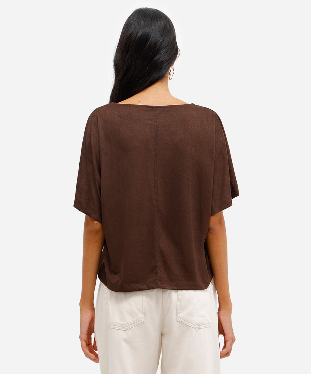 blusa feminina de suede decote v marrom