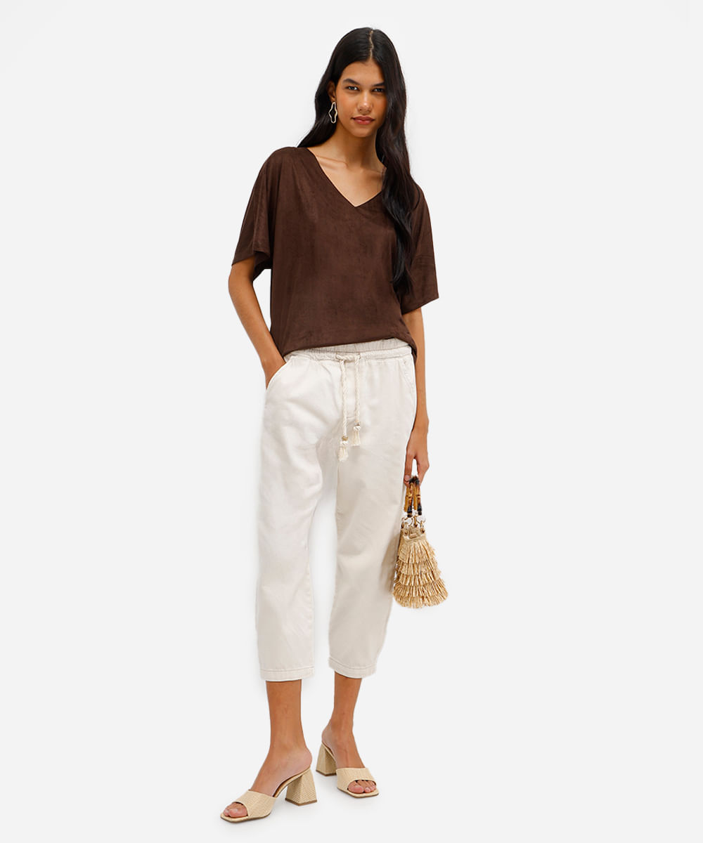 blusa feminina de suede decote v marrom