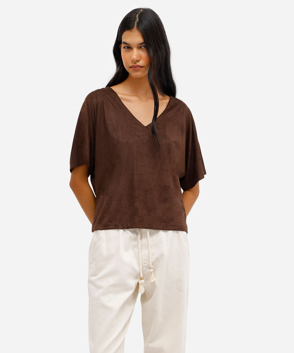 blusa feminina de suede decote v marrom