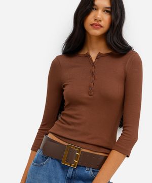blusa feminina de viscose manga longa canelada marrom