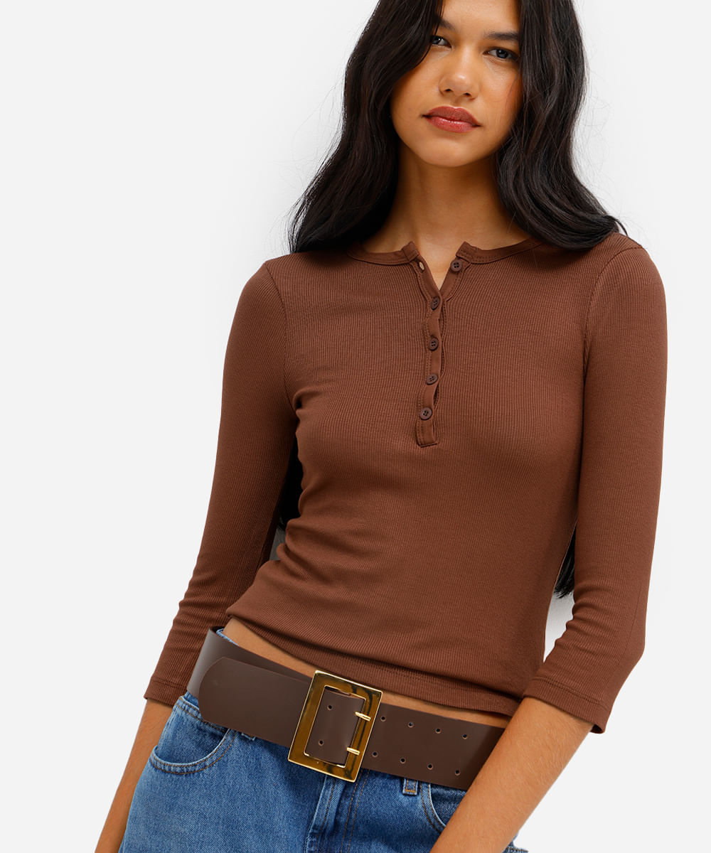 blusa feminina de viscose manga longa canelada marrom