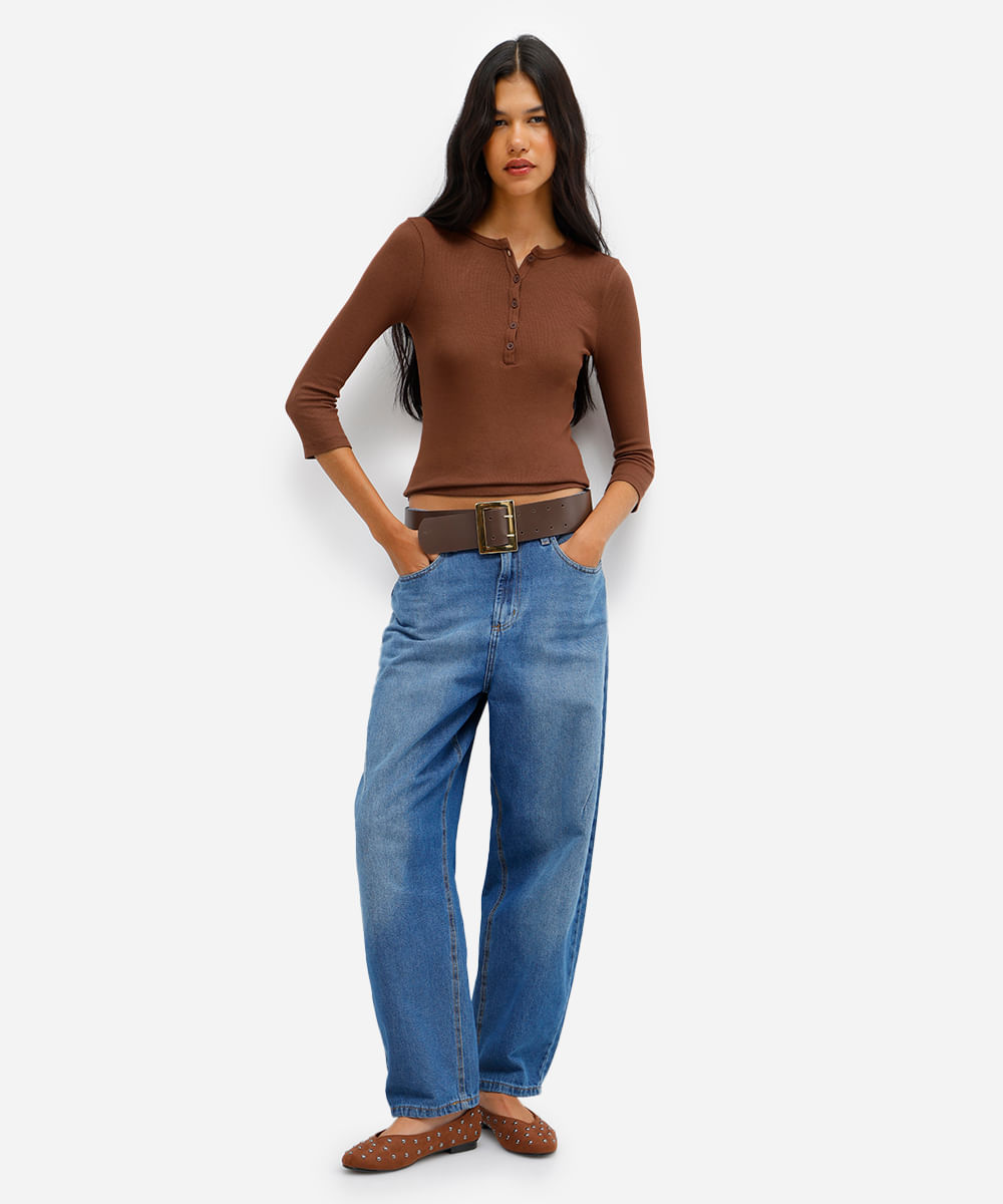 blusa feminina de viscose manga longa canelada marrom