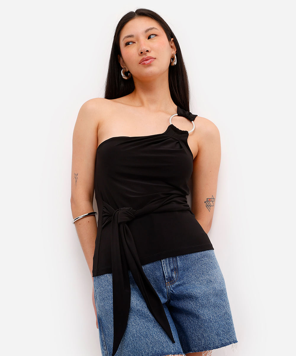 blusa ombro único feminina com pregas preta