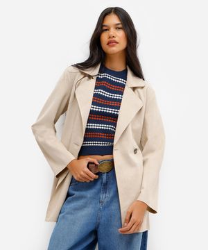 casaco trench coat feminino de suede bege