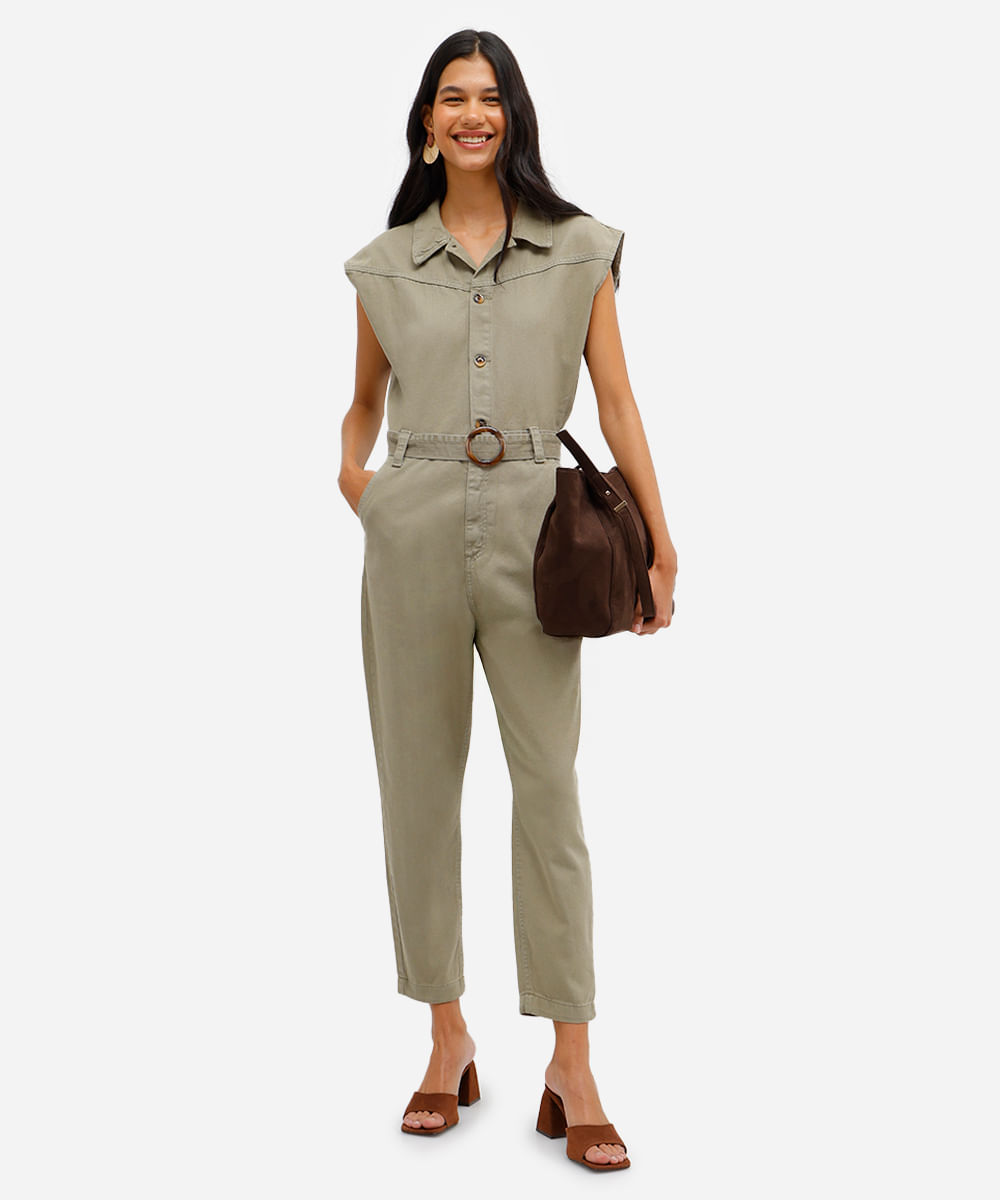 macacão feminino de sarja com cinto verde