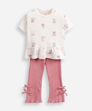 conjunto infantil manga curta floral off white