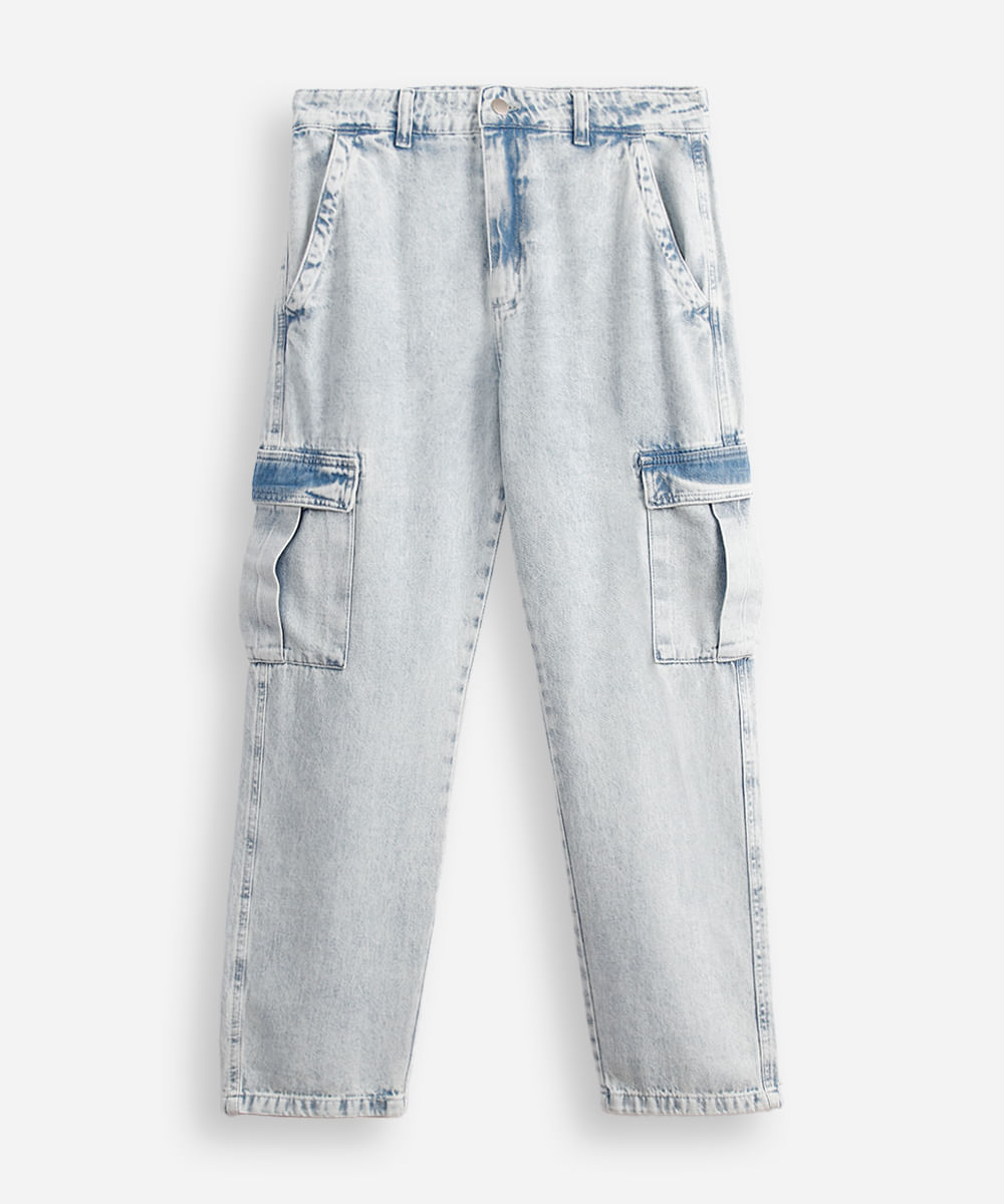 calça jeans wide leg cargo - jeans claro