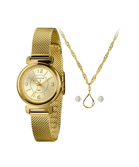 kit relógio feminino lince lrgh234l28k0c7c2kx analógico dourado