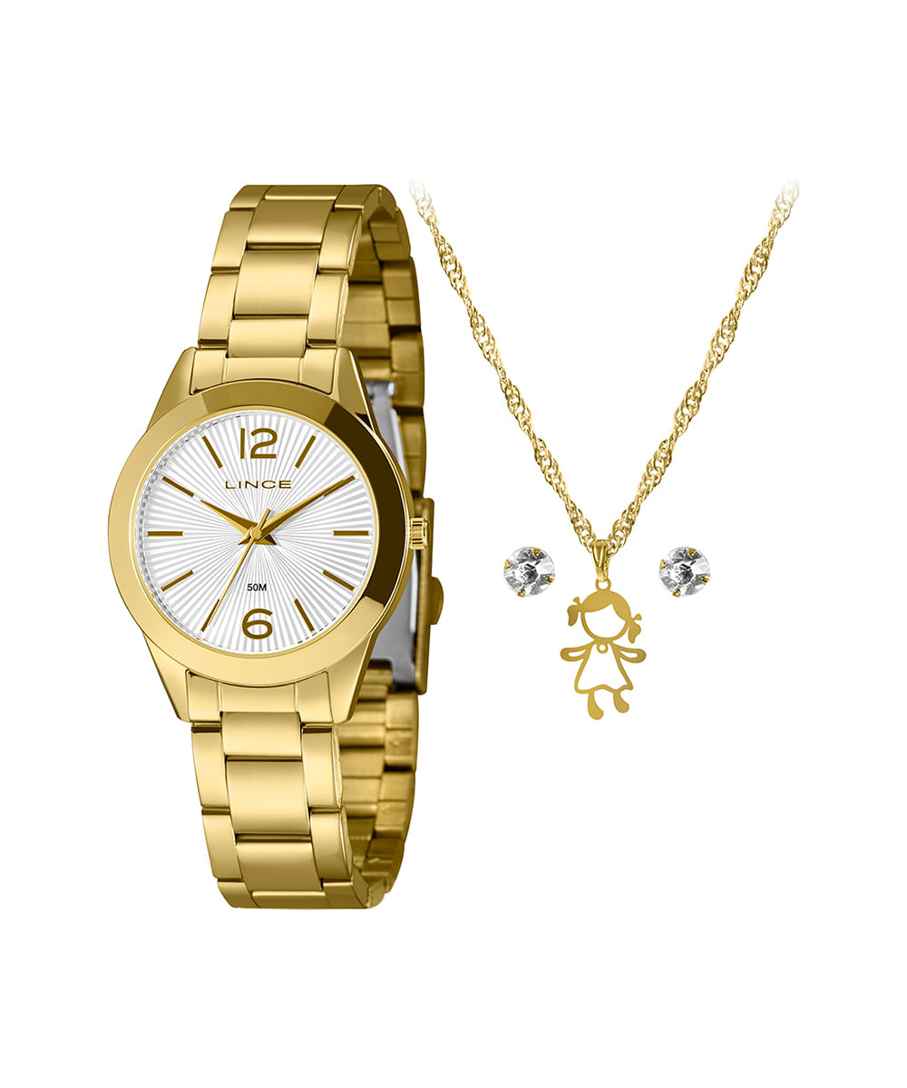 kit relógio feminino lince lrg4744l34k01tb2kx analógico dourado