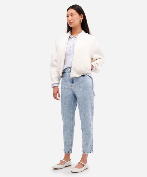 calça mom feminina jeans com brilhos azul