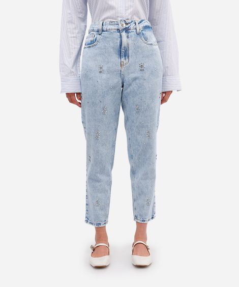 calça mom feminina jeans com brilhos azul