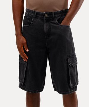 bermuda jeans cargo fit preta