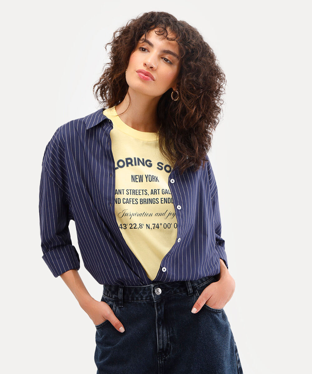 camisa oversized feminina de algodão listrada azul