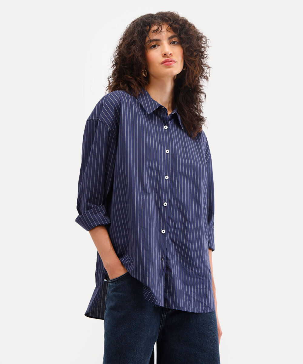 camisa oversized feminina de algodão listrada azul