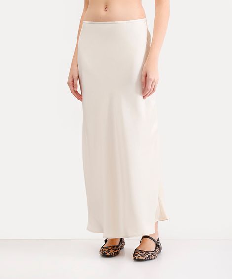 saia midi feminina evasê acetinada bege