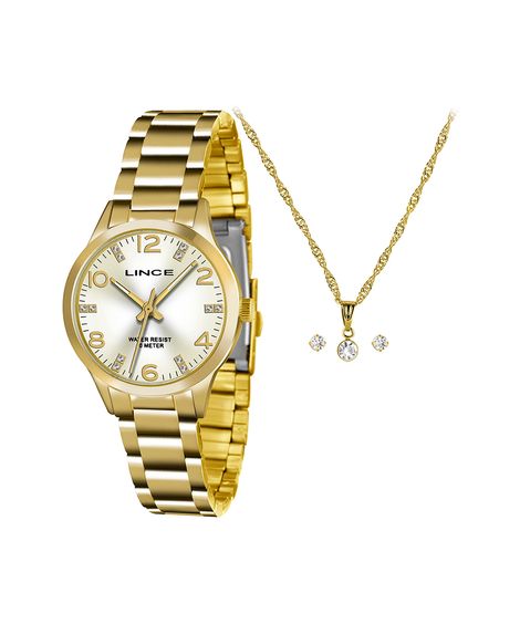 kit relógio feminino lince lrgh025lk815c2kx analógico dourado