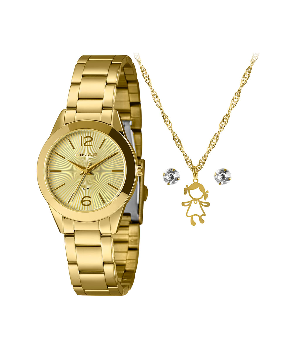 kit relógio feminino lince lrg4744l34k01uc2kx analógico dourado
