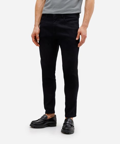 calça slim masculina jeans cropped barra dobrada preta