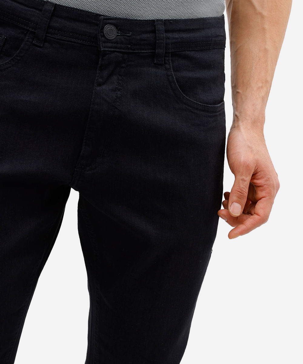 calça slim masculina jeans cropped barra dobrada preta