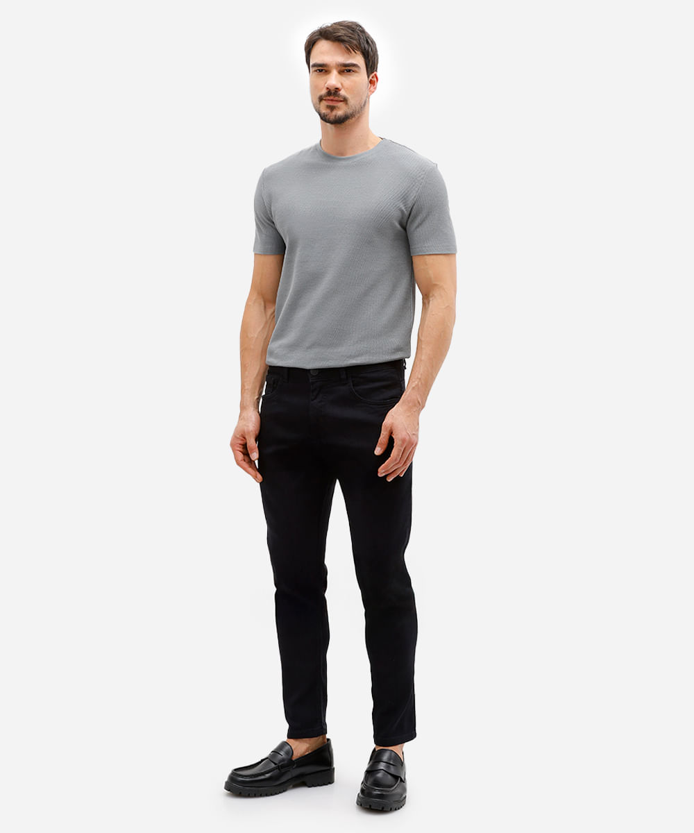 calça slim masculina jeans cropped barra dobrada preta