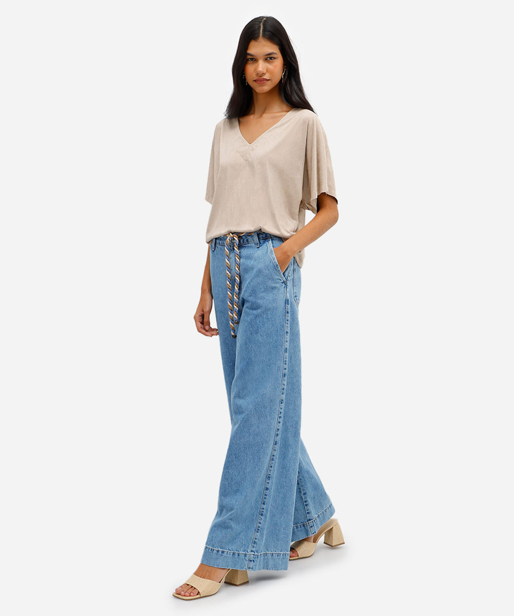 calça wide leg feminina jeans com cinto azul
