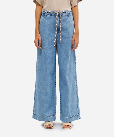 calça wide leg feminina jeans com cinto azul