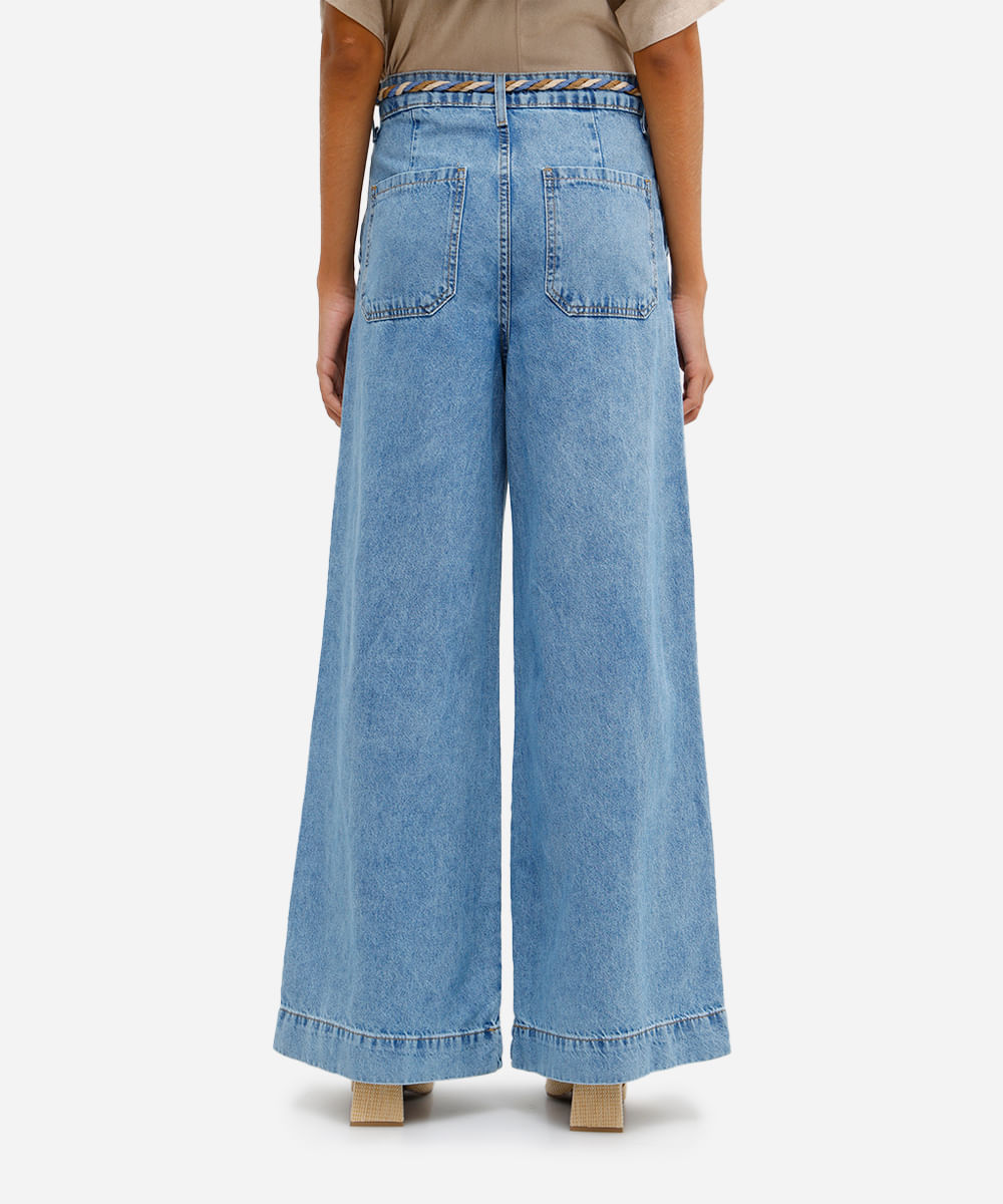 calça wide leg feminina jeans com cinto azul