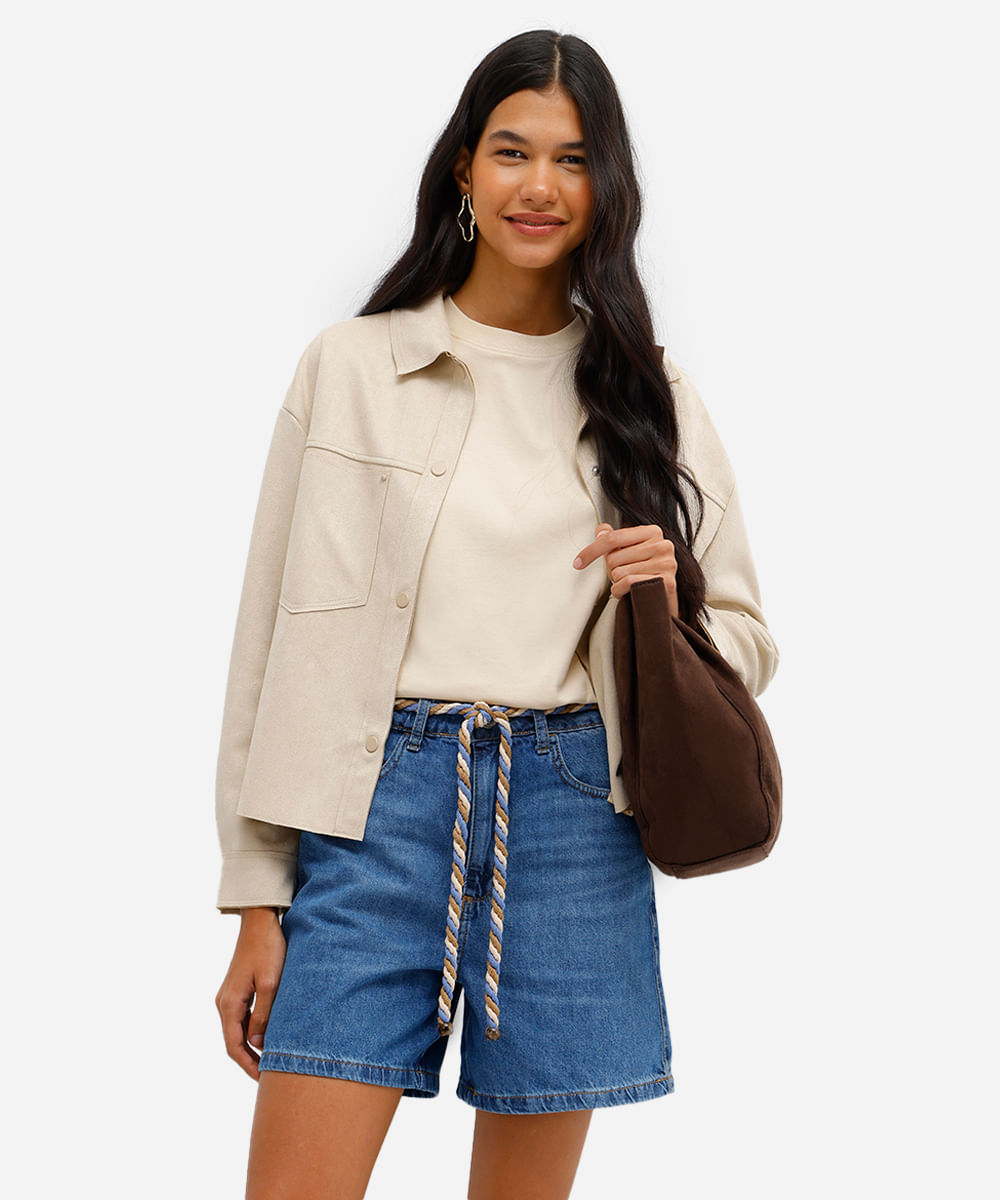 bermuda mom feminina jeans com cinto azul