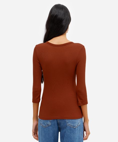 blusa feminina de viscose manga longa canelada marrom