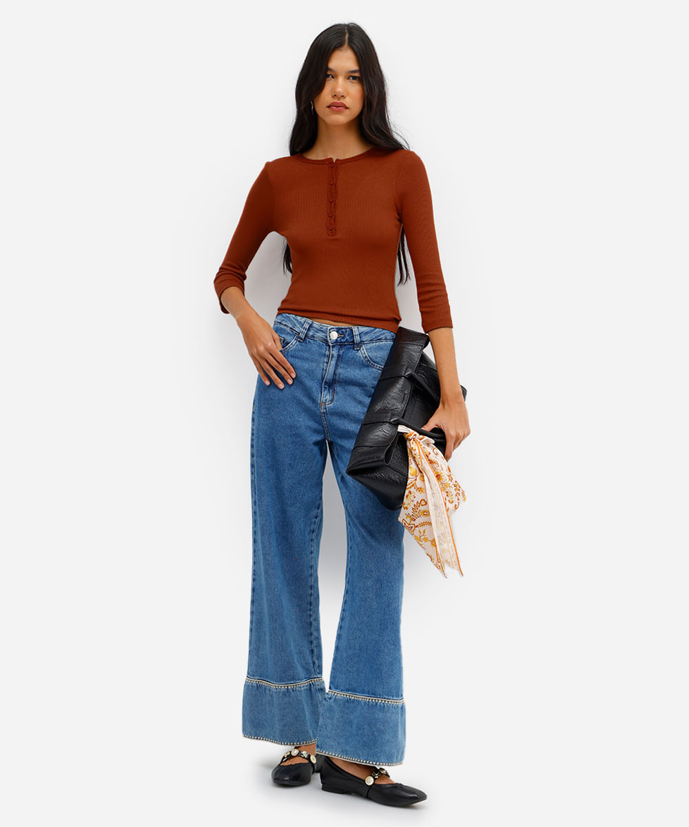 blusa feminina de viscose manga longa canelada marrom