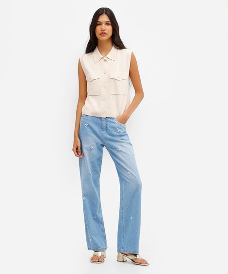 calça wide leg slim feminina jeans com brilhos azul