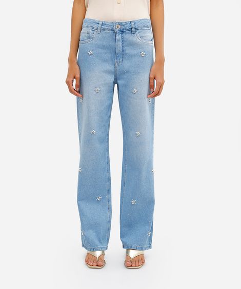 calça wide leg slim feminina jeans com brilhos azul