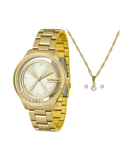 kit relógio feminino lince lrg4562lka9dc1kx analógico dourado