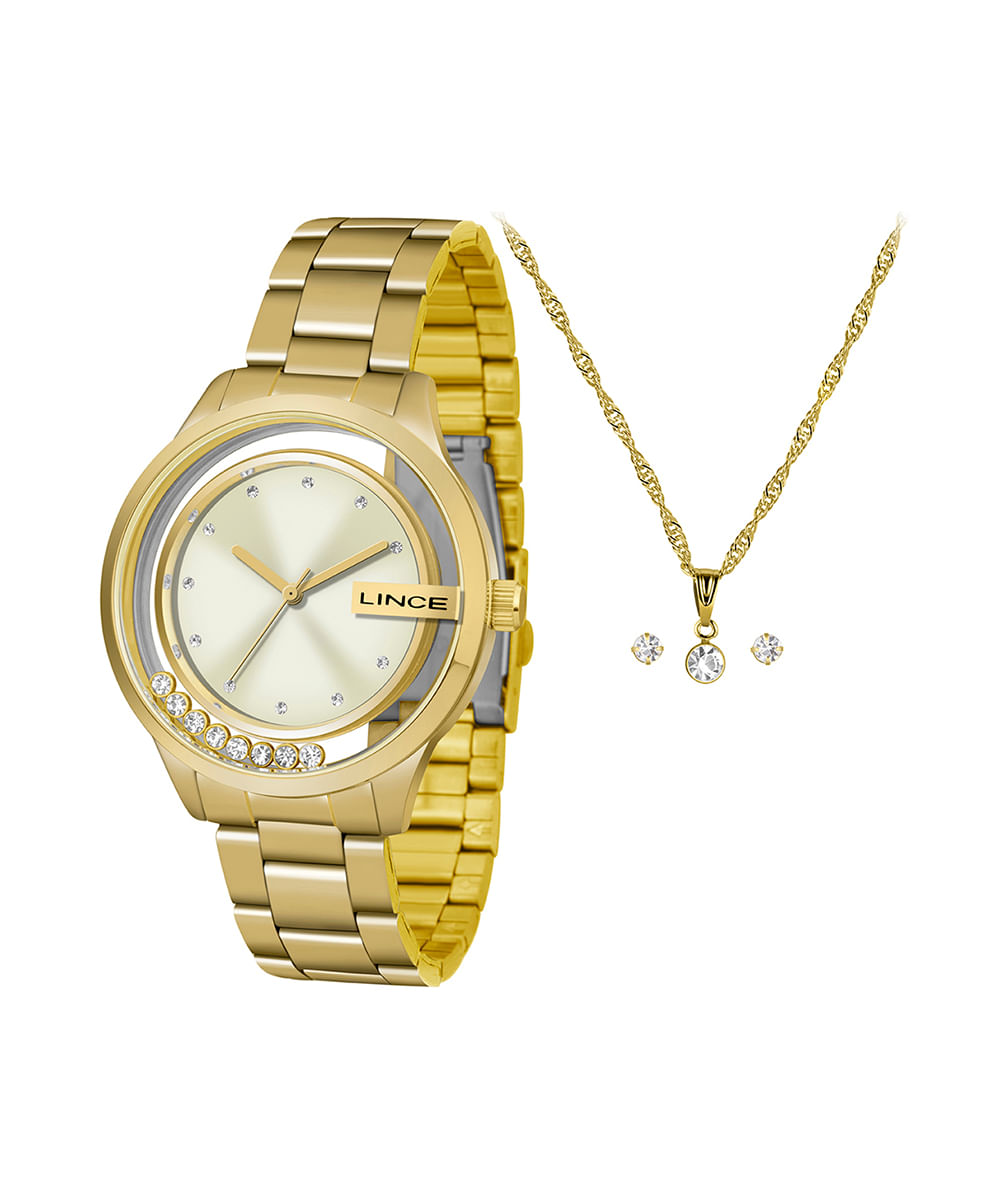 kit relógio feminino lince lrg4562lka9dc1kx analógico dourado