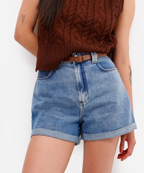 short mom feminino jeans com cinto azul