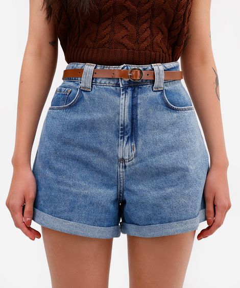 short mom feminino jeans com cinto azul