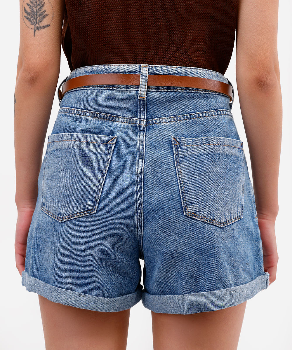 short mom feminino jeans com cinto azul