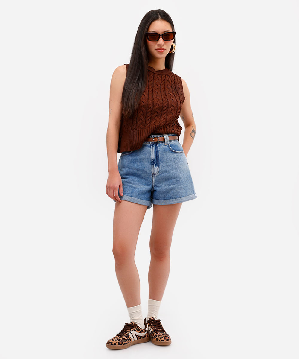 short mom feminino jeans com cinto azul