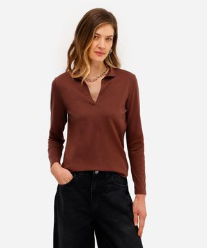 polo básica feminina de algodão peruano decote v marrom