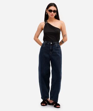 calça baggy feminina jeans cintura ajustável azul